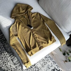 Monrow Brushed Rib Hooded Cardigan Golden Olive Size Medium